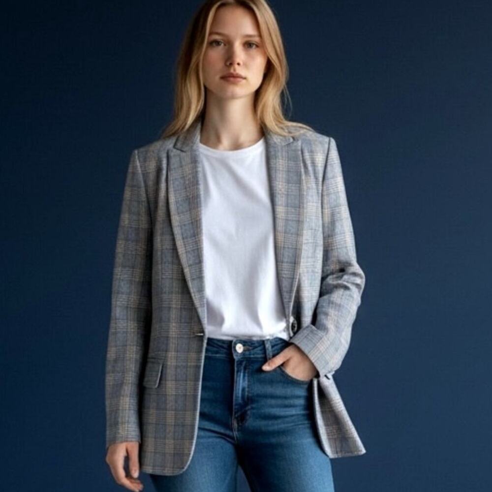 Equipment Jeanne Longline Blue Glen Plaid Prince of Wales One Button Blazer 6